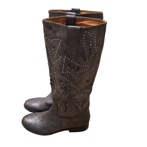 frye & co Pewter Distressed Leather Studded Phoenix Pull-on Cowboy Boots size 8 - Picture 3 of 9